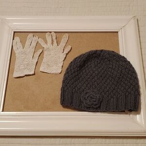 Gray knit beanie with Vintage crochet gloves